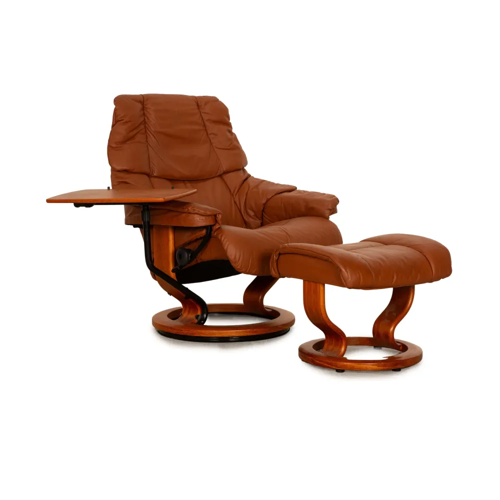 Stressless Reno Leder Sessel Cognac Größe S inkl. Hocker manuelle Relaxfunktion Relaxsessel Beistelltisch