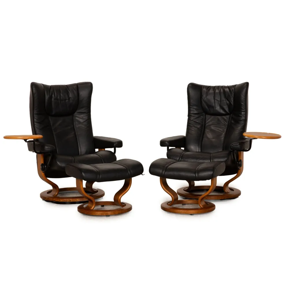 Stressless Wing Leder Sessel Garnitur Schwarz Funktion Relaxfunktion inkl. Hocker